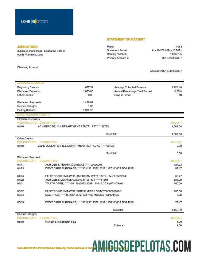 Exemplo de extrato bancário LCNB do Laos